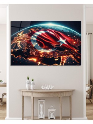 idealizbiz Türk Bayrağı ve Dünya Cam Tablo Modern Ofis Makam Odası Hediyelik Büyük Tablo Duvar Dekoru