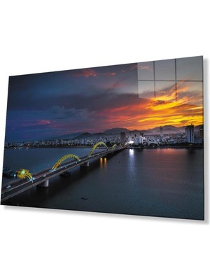 idealizbiz Gün Batımı Şehir Köprü Manzara Cam Tablo 4mm Dayanıklı Temperli Cam Sunset City Bridge Landscape Gl
