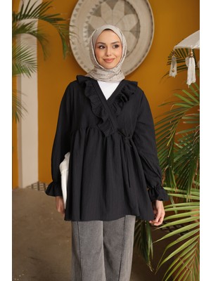 İmaj Butik Siyah Yaka Fırfırlı Yan Bağlamalı Kol Lastikli Tunik