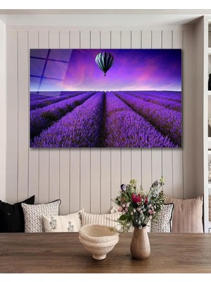 idealizbiz Çiçek Lavanta Cam Tablo, Ev Ofis Salon Hediyelik Duvar Dekoru