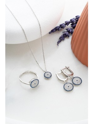 Nereze 925 Ayar Gümüş Minik Mavi Nazar Model Küpe Yüzük ve Kolye Set