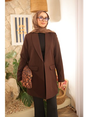 İmaj Butik Acı Kahve Kruvaze Yaka Cepli Blazer Ceket Dokuma Kumaş ile Şık Tasarım