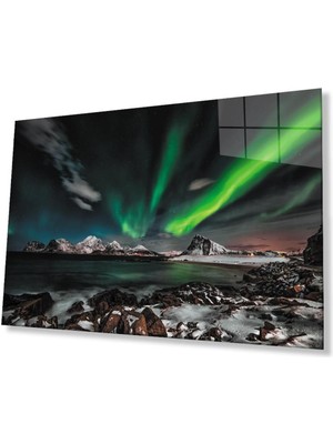 idealizbiz Kuzey Işıkları Manzara Cam Tablo 4mm Dayanıklı Temperli Cam Northern Lights Landscape Glass Wall A
