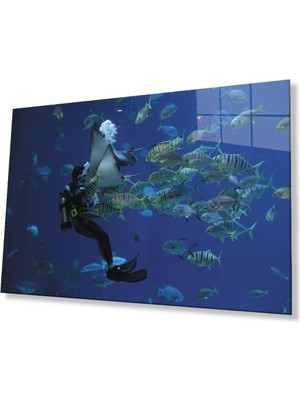 idealizbiz Dalgıç Balık Sualtı Cam Tablo 4mm Dayanıklı Temperli Cam Diver Fish Underwater Glass Wall Art