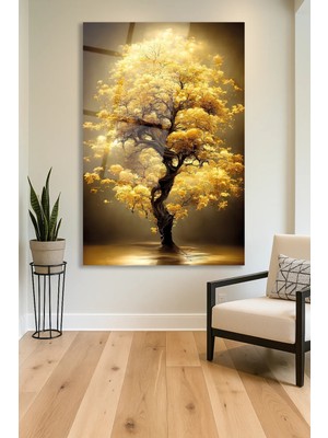 idealizbiz Sarı Yapraklı Ağaç Manzara Cam Tablo, Modern Ev Ofis Salon Duvar Dekoru Hediyelik Büyük Tablo Dekor