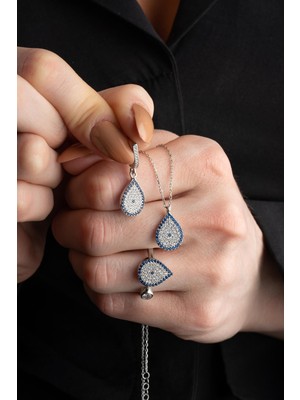 Nereze 925 Ayar Gümüş Mavi Damla Nazar Model Küpe Yüzük ve Kolye Set