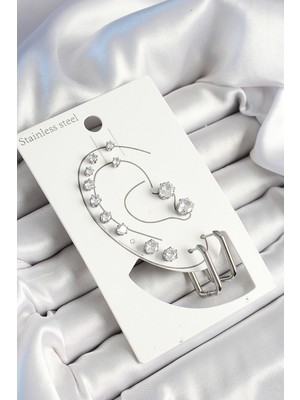 316L Çelik Dikdörtgen Figürlü ve Zirkon Taşlı Gümüş Renk 7'li Çift Kadın Küpe Set - Lisinya