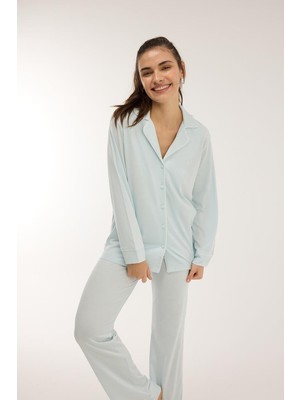 Jaya Modal Biyeli Uzun Kollu Pijama Takımı / Buz Mavisi