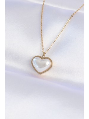 316L Çelik Zincir Gold Renk Beyaz Taşlı Bubble Kalp Kolye - Lisinya