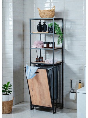 Bye Concept & More Dekoratif Kirli Sepetli Banyo Dolabı Ahşap Raflı Metal Gövdeli 4 Raflı Çamaşır Sepeti Banyo Düzenleyici Organizer