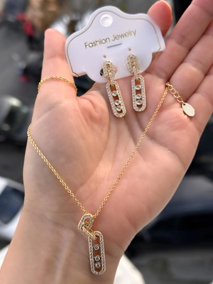 Ferro Sarı Çelik Kadın Küpe ve Kolye Set FRJW10008A-B 2 Yıl Garantili Hediye Paketli