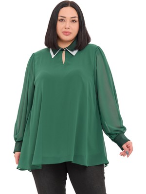 Disentis Modest Büyük Beden Yakası Çift Kat Şifon Astarlı Zümrüt Yeşili Bluz