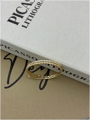 Hedef Bujiteri Gold Renkli Ayarlanabilir Zirkon Baget Taşlı Çift Sıra Su Yolu Bileklik