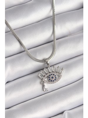 HERŞEYBURDAMODA 316L Çelik Gümüş Renk Italyan Zincir Zirkon Taşlı Göz Model Kadın Kolye