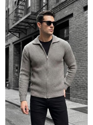 Oksit Mams Erkek Slim Fit Fermuarlı Polo Yaka Ribanalı Triko Hırka