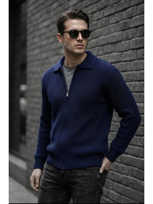 Oksit Mams Erkek Slim Fit Fermuarlı Polo Yaka Ribanalı Triko Hırka