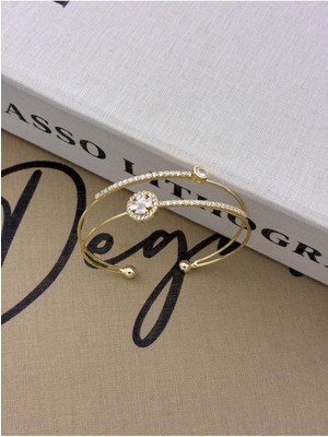 Hedef Bujiteri Gold Renkli Ayarlanabilir Iki Sıra Dizili Zirkon Taşlı,yuvarlak Detaylı Çiçekli Bileklik