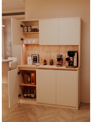 Avex Home Luna Kahve Köşesi – 135 cm Çok Amaçlı Dolap – Gömme LED Aydınlatmalı – Mdf – Krem, Meşe