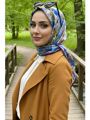İmaj Butik Hardal/mavi Soft Dijital Pamuklu Eşarp