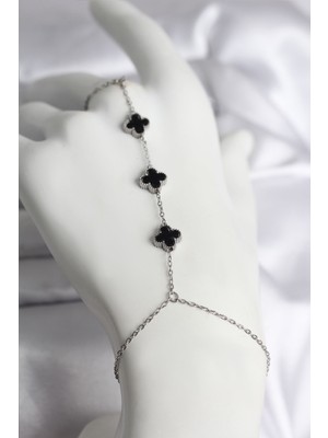 HERŞEYBURDAMODA 316L Çelik Gümüş Renk Siyah Yonca Model Kadın Şahmeran