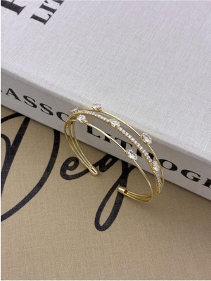 Hedef Bujiteri Gold Renkli Ayarlanabilir Üç Sıralı Zirkon Taş Üzeri Oval Taşlı Bileklik