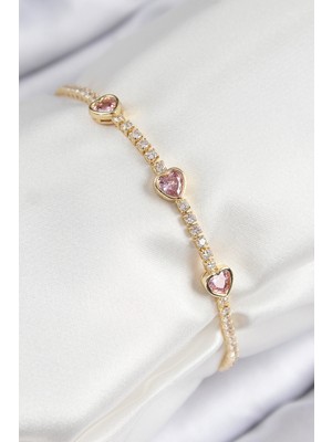 HERŞEYBURDAMODA Pirinç Zirkon Taşlı Pembe Kalp Model Gold Renk Kadın Bileklik