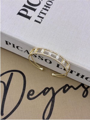 Hedef Bujiteri Gold Renkli Ayarlanabilir Iki Sıra Dizili Taşlı,arası Dikdörtgen Baget Taşlı Bileklik