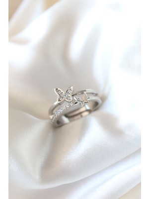 HERŞEYBURDAMODA Zirkon Taşlı Gümüş Kaplama Kelebekli Kadın Yüzük