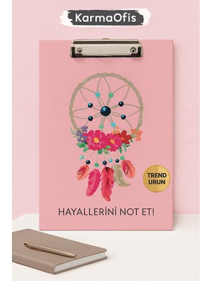 KarmaOfis A4 Sekreterlik – Pembe Düş Kapanı Desenli | Dayanıklı Klipsli Not Tutucu