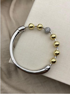 Hedef Bujiteri 14K Gümüş Üzeri Gold Topçuk Detaylı Kelepçe Bileklik