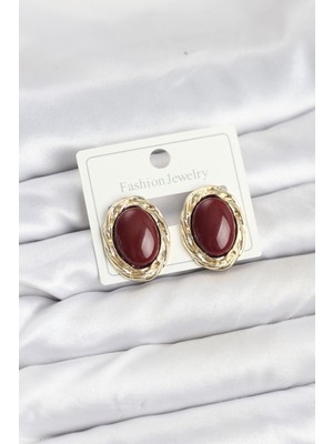 Pirinç Gold Renk Bordo Model Vintage Kadın Küpe - Lisinya