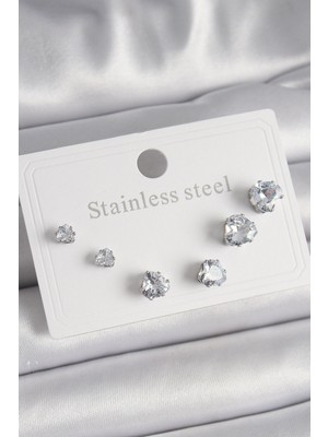 HERŞEYBURDAMODA 316L Çelik Gümüş Renk Zirkon Taşlı Kalp Model Kadın Küpe Seti