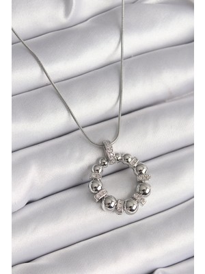 HERŞEYBURDAMODA 316L Çelik Gümüş Renk Zincir Zirkon Taş Detaylı Bombeli Halka Model Kadın Kolye