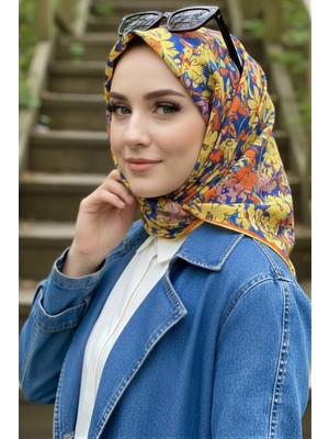 İmaj Butik Sarı Saks Mavisi Soft Dijital Pamuklu Eşarp