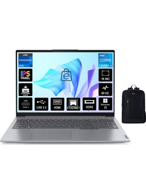 Lenovo Thinkbook 16 G6 Irl Intel Core I5 13420H 24GB 512GB SSD 16" Wuxga Windows 11 Pro Taşınabilir Bilgisayar 21KH00SXTR + Boz Çanta