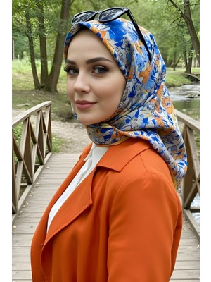İmaj Butik Oranj Mavi Soft Dijital Pamuklu Eşarp