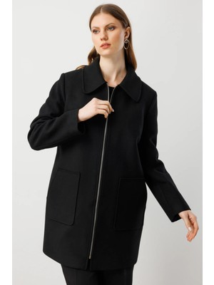 Ekol Kadın Büyük Beden Yandan Cepli Kaşe Kaban 6307 Siyah