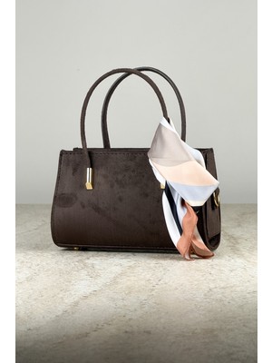 Süet Kalıplı Gold Detaylı Çift Askılı Kadın Mini Omuz ve El Çantası+ Fular Hediyeli