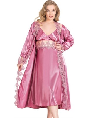 Hayat Store Arias Closet Büyük Beden Gül Kurusu Uzun Ikili Saten Sabahlık Gecelik Takımı