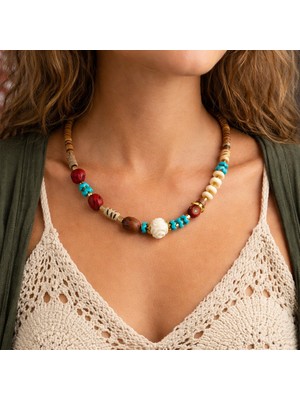 Herşey Nota Toprak Ana Doğal Taşlı Etnik Kadın Kolye – Pirinç Detaylı, 50 cm Uzatma Zincirli Bohem Kolye