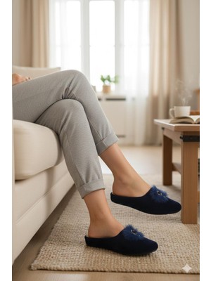 Shoemix Biocomfort Kadın Lacivert Peluş Ponponlu Kadife Ev ve Çeyiz Terliği - Şık ve Rahat