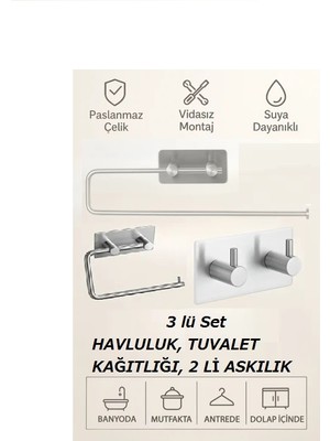 Buluthomes 3'lü Set (Paslanmaz Çelik Yapışkanlı Havlu Askılığı, Tuvalet Kağıtlığı ve 2'li Askılık) Yapışkanlı