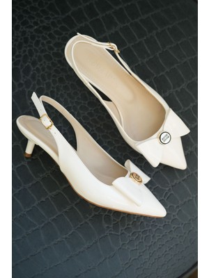 Kadın Tesla Kısa Topuklu Papyonlu Ayakkabı - Beyaz-Rugan