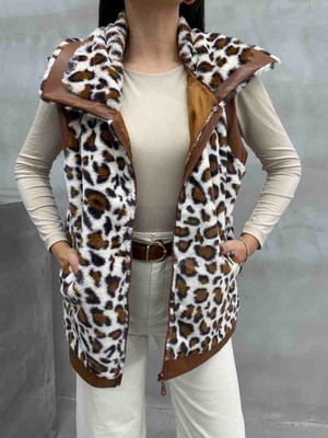 Asprin Deri Detaylı Leopar Kürk Yelek