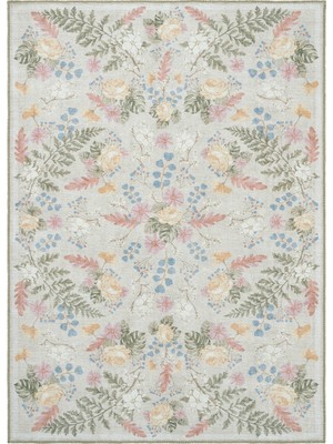 Cool Halı Florence Krem Yeşil Çiçekli Dekoratif Eskitme Yıkanabilir Dokuma Ince Salon Ev Oda Halısı