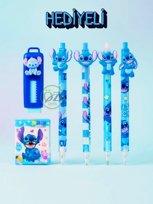 ÖZ OFİS Stitch Figürlü 4'lü 0.7 Uçlu Kalem , Sürgülü Silgi ve Mini Sulu Defter Seti