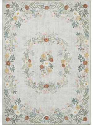 Cool Halı Florence Krem Yeşil Renk Çiçekli Tasarım Bohem Ince Yıkanabilir Salon Oturma Odası Halısı