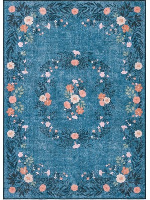 Cool Halı Florence Mavi Pembe Çiçekli Eskitme Otantik Yıkanan Şönil Ince Salon Oturma Odası Halısı
