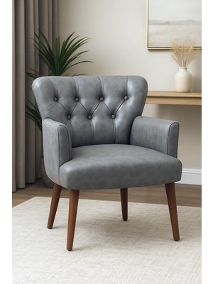 Waterybrook Tekli Berjer Koltuk - Kapitoneli Suni Deri - Ceviz Ahşap Ayaklı - Modern Tasarım