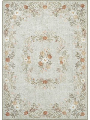 Cool Halı Florence Yeşil Krem Çiçekli Vintage Eskitme Bohem Yıkanan Dokuma Şönil Ince Salon Halısı